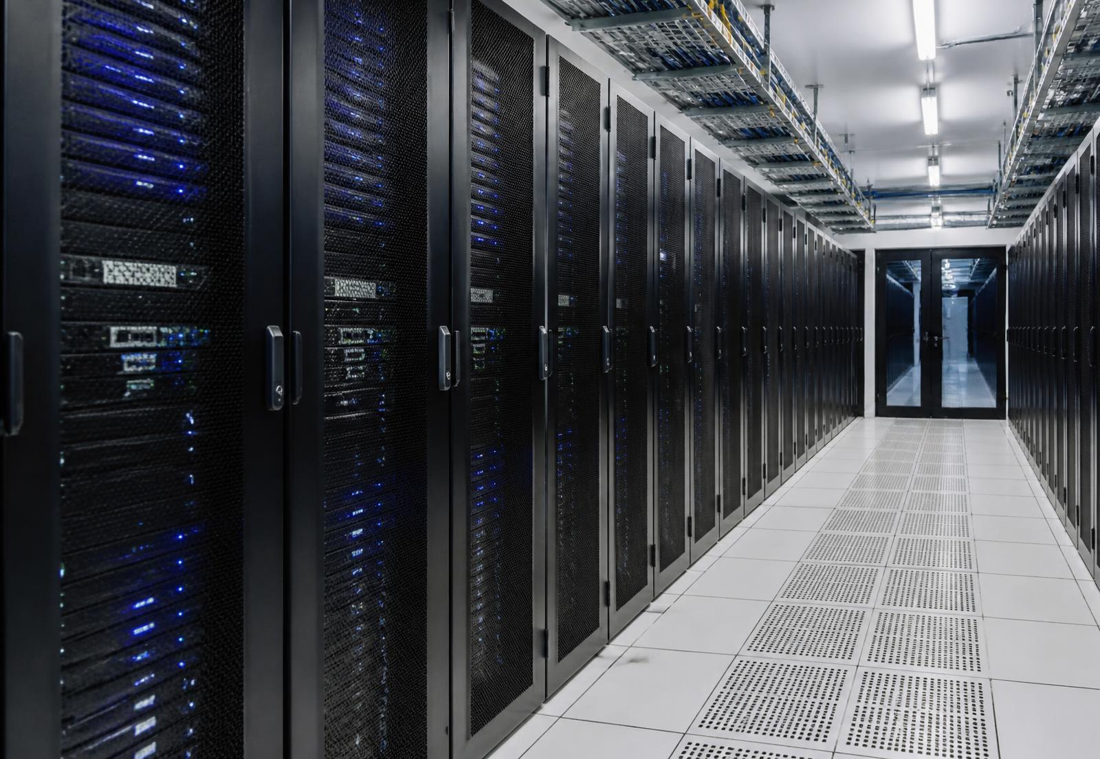Rows of server racks in an enterprise data centre
